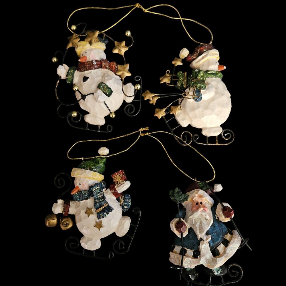 Set of 4 Resin Metal Christmas Ornaments Santa Snowman Ice Skates Holiday